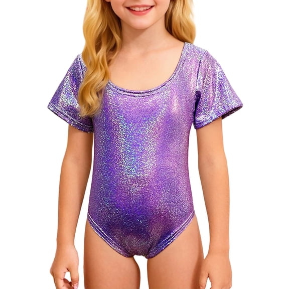 QUOTAY Girls Latin Dance Gymnastics Leotard Shiny Rhinestone Short Sleeve Unitard Performance Training for Competition Stage Shows Purple,100