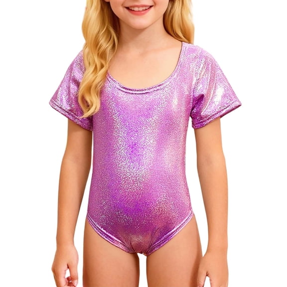 QUOTAY Girls Latin Dance Gymnastics Leotard Shiny Rhinestone Short Sleeve Unitard Performance Training for Competition Stage Shows Red,130