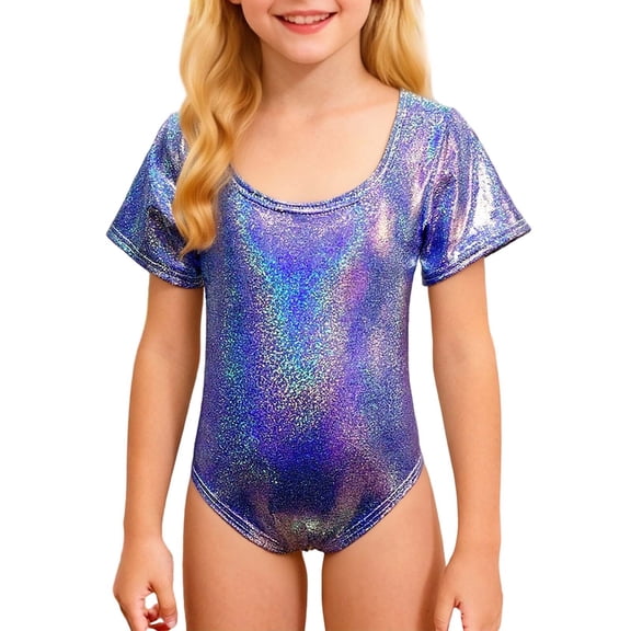 QUOTAY Girls Latin Dance Gymnastics Leotard Shiny Rhinestone Short Sleeve Unitard Performance Training for Competition Stage Shows Sky Blue,100