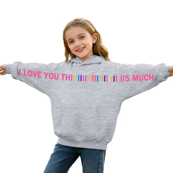 QUOTAY Girls Letter Print Long Sleeve Hooded Sweatshirt Casual Pullover Hoodie with Drawstring Soft for Daily Wear and Activities Girls Hoodie 01_Light Gray,2-3 Y