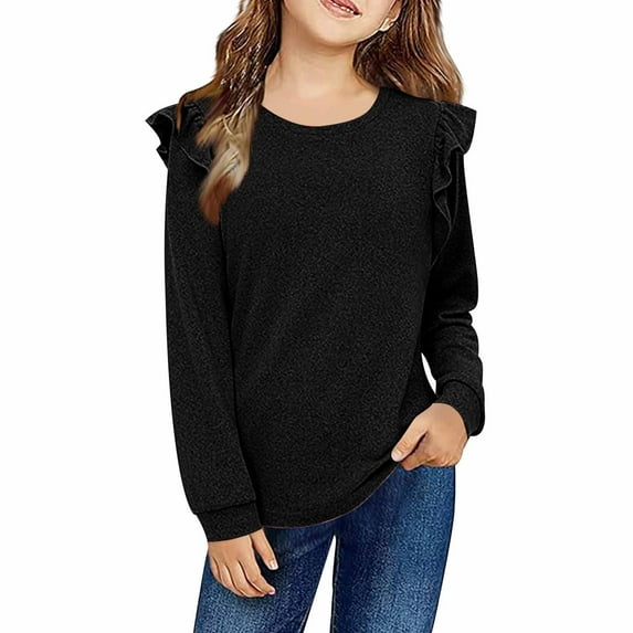 QUOTAY Girls Long Sleeve Blouse Top with Lace Trim Fashionable Fall Winter Tunic Shirt for Big Kids and Tweens Age 4 to 12 Years Black,110