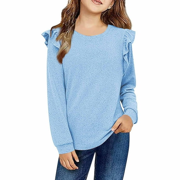 QUOTAY Girls Long Sleeve Blouse Top with Lace Trim Fashionable Fall Winter Tunic Shirt for Big Kids and Tweens Age 4 to 12 Years Light Blue,140