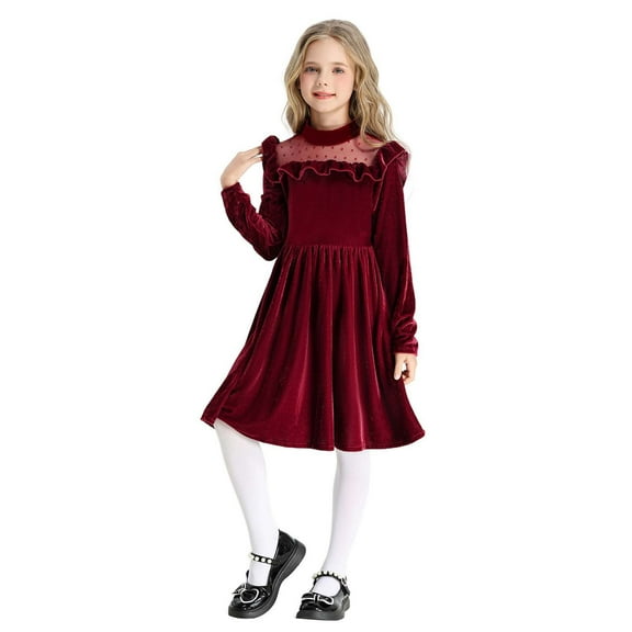 QUOTAY Girls Long Sleeve Party Dress with Flounce Hem Netting Pageant Gown for Christmas Performance Age 5-12Y Holiday Dresses for Girls ,130