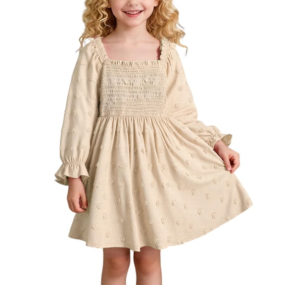 QUOTAY Girls Long Sleeve Square Neck Tiered Ruffle Smocked Dress with Floral Print for Elegant Casual Party Wear 3-14Y Girls Dress 02_Khaki,100