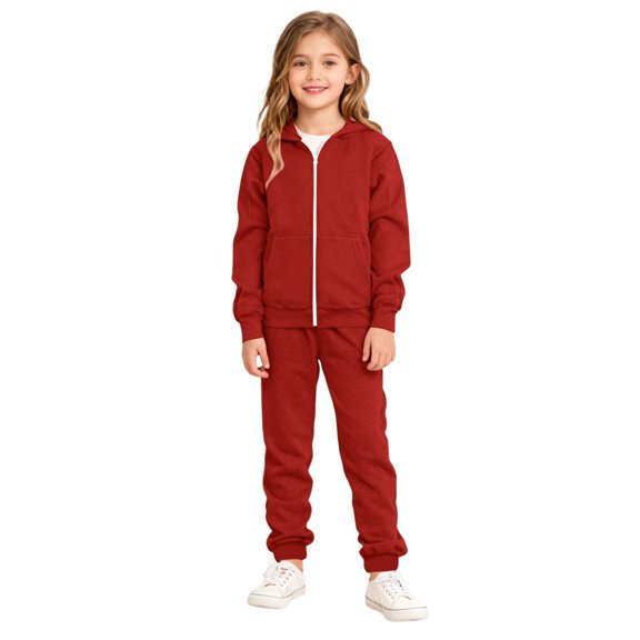 QUOTAY Girls Outfits Long Sleeve Hooded Zip Up Pullover and Jogger Pants Casual Athletic Fall Outfit for Playwear Seasons Z02_Red,9-10 Years