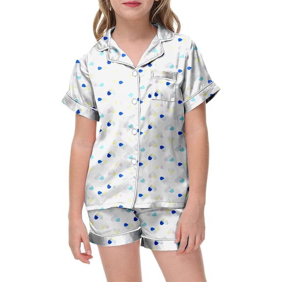 QUOTAY Girls Pajamas Short Sleeve Two Piece Pajama Set Cartoon Gradient Heart Print Satin Summer Sleepwear Loungewear for Kids 04_White,150