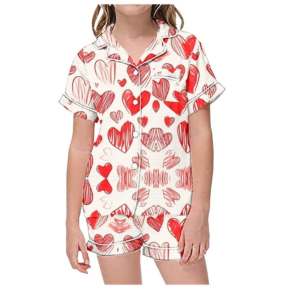 QUOTAY Girls Pajamas Short Sleeve and Shorts Two Piece Set with Valentine‘s Day Print Cute Sleepwear for Girls and Kids Z02_White，6-7 Years