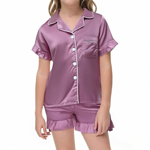 QUOTAY Girls Pajamas Summer 2 Piece Set Casual Short Sleeve Button Down Lapel Collar Top and Shorts Comfy Wear for Toddler Kids Purple,5-6 Years