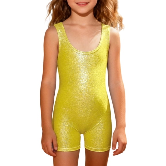 QUOTAY Girls Sequin Tank Bodysuit with Shorts Sleeveless Leotard for Dance Gymnastics Performance Stretch Fit Comfortable Activewear Gold,100