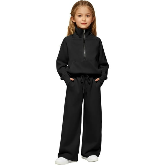 QUOTAY Girls' Soft Casual Half Zip Hoodie and Joggers Two Piece Outfit Comfy Athletic Playwear for Toddler and Kids Fall Outfits for Girls Black,170