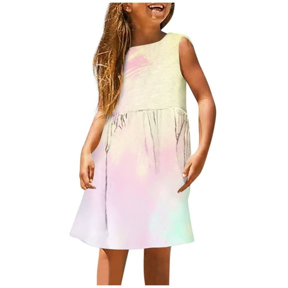 QUOTAY Girls Summer Sleeveless A Line Dress Stretchy Comfort Round Neck Casual with Gradient Print for Beach Age 18M-14Y Girls Holiday Dresses 11_Light Yellow,100