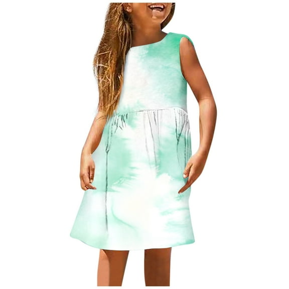 QUOTAY Girls Summer Sleeveless A Line Dress Stretchy Comfort Round Neck Casual with Gradient Print for Beach Age 18M-14Y Holiday Dresses for Girls 13_Light Green,140