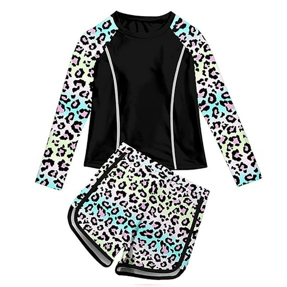 QUOTAY Girls Swimsuit 2026 Long Sleeve Rash Guard and Swim Shorts 2 Piece UPF 50+ Sun Protective Bathing Suit Swimwear Black,100