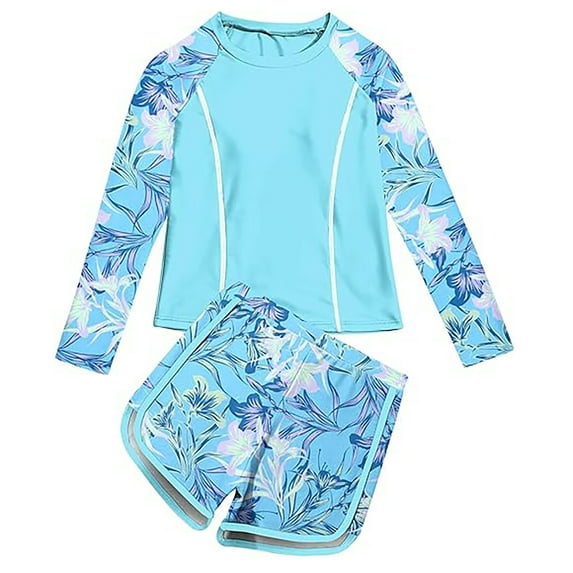 QUOTAY Girls Swimsuit 2026 Long Sleeve Rash Guard and Swim Shorts 2 Piece UPF 50+ Sun Protective Bathing Suit Swimwear Sky Blue,90