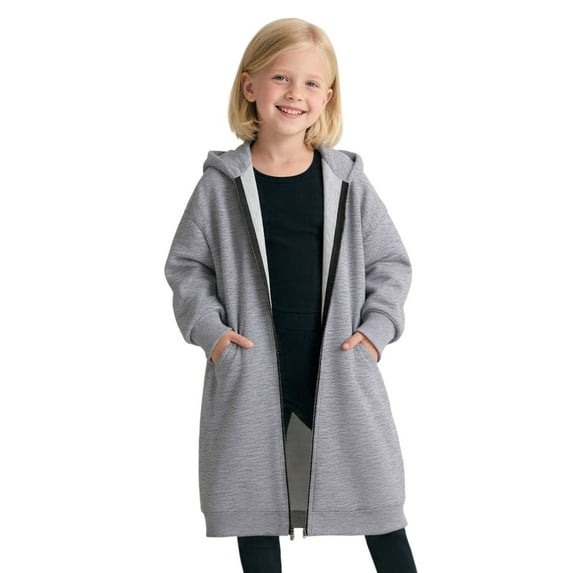 QUOTAY Girls Zip Up Hooded Sweatshirt Long Sleeve Cozy Jacket Outerwear Soft Loose Fit Longline Cardigan for Fall Winter Casual Wear Zip Up Hoodie 04_Grey,3-4 Years