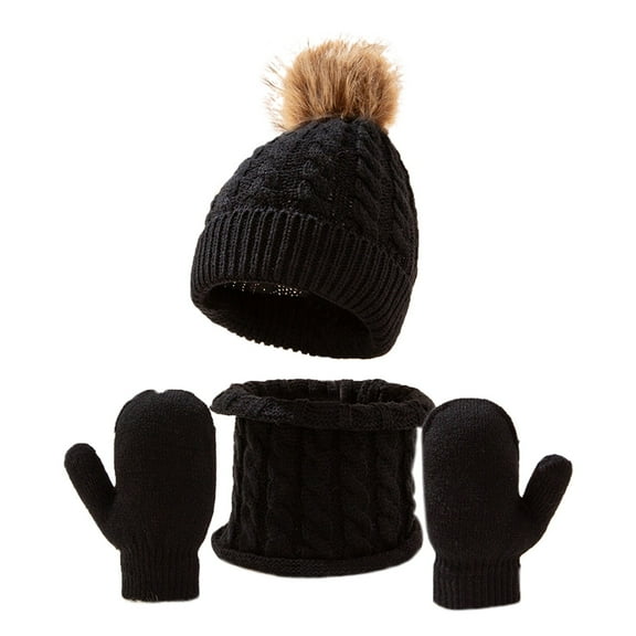 QUOTAY Hats and Gloves for Kids Set Winter Kids Hat Scarf and Glove Set Lined Knit Neck Warmer for Toddler Boys and Girls 04_Black,One Size