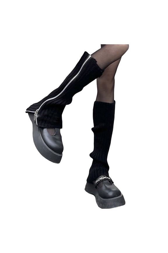 Japanese Leg Warmers Gothic Knit Long Socks Leggings Winter Socks Ankle to Knee Cozy Textured Sock 02_Blackï¼One Size