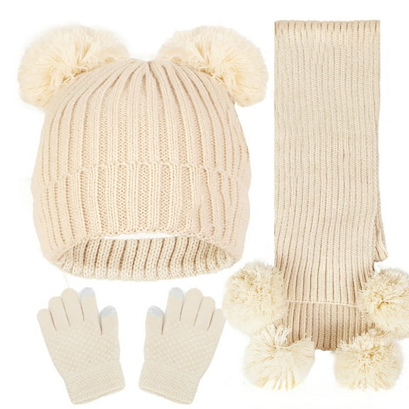 QUOTAY Kids Hats and Gloves Set with Scarf for Kids Solid Color Jacquard Childrens Double Pom Hat and Long Neck Warmer Warm Suit01_BeigeOne Size