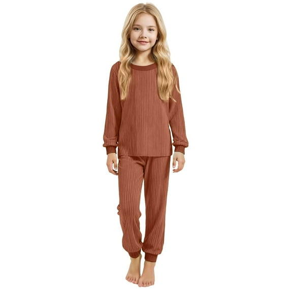QUOTAY Kids Pajamas Children’s Knitted Pajama Set Comfortable Sleepwear for Cozy Nights Soft and Breathable Wear for Boys and Girls 2-13Y Brown,6-7 Years