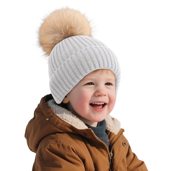QUOTAY Kids Winter Hats Knit Hat with Pom Soft Yarn Fine Stripes for Boys and Girls Grey,0-3 Years