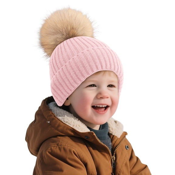 QUOTAY Kids Winter Hats Knit Hat with Pom Soft Yarn Fine Stripes for Boys and Girls Pink,3-8 Years