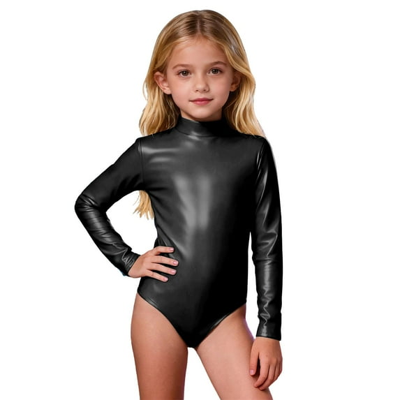 QUOTAY Long Sleeve Girls Kids Jumpsuit High Neck Back Zip Leotard Solid Color Performance Dance Gymnastics Unitard Stage Show Black,5-6 Years
