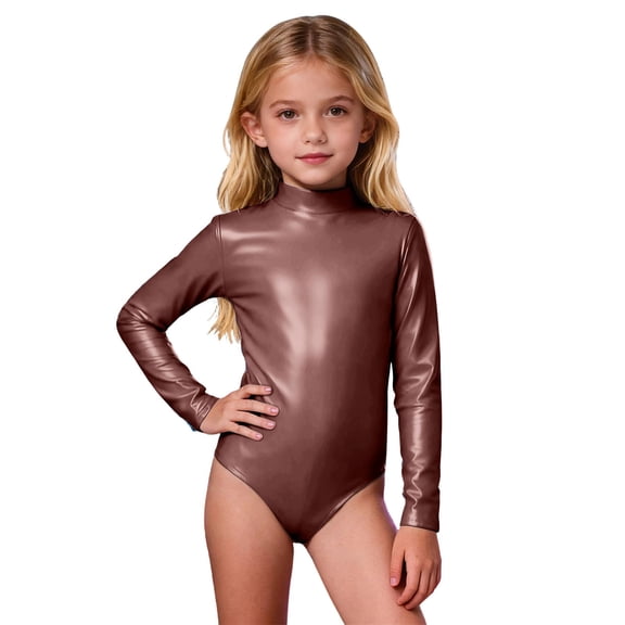 QUOTAY Long Sleeve Girls Kids Jumpsuit High Neck Back Zip Leotard Solid Color Performance Dance Gymnastics Unitard Stage Show Brown,4-5 Years