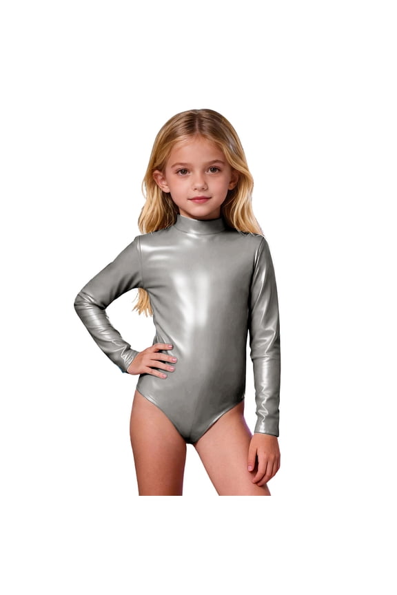 Long Sleeve Girls Kids Jumpsuit High Neck Back Zip Leotard Solid Color Performance Dance Gymnastics Unitard Stage Show Light Gray,8-9 Years