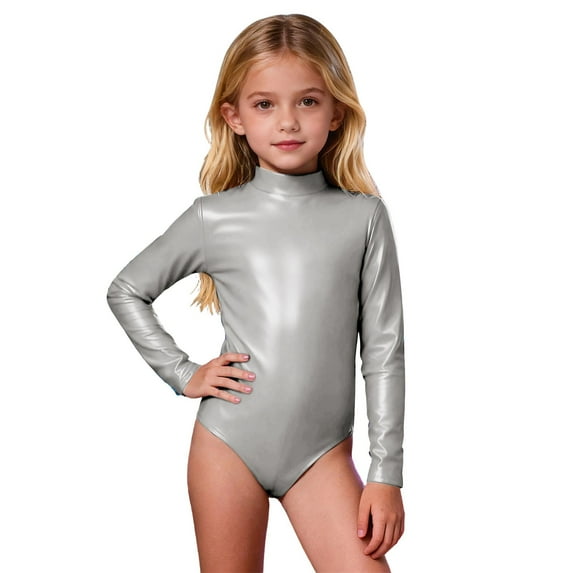 QUOTAY Long Sleeve Girls Kids Jumpsuit High Neck Back Zip Leotard Solid Color Performance Dance Gymnastics Unitard Stage Show Silver,4-5 Years