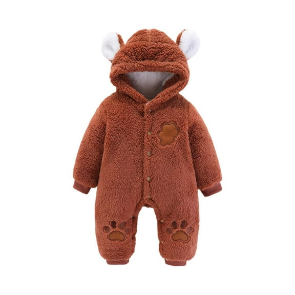 QUOTAY Long Sleeve Romper Baby Bodysuit Padded Thickened Hooded Footed for Autumn Winter 3-12 Months Jumpsuit Coffee,6M