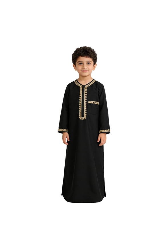 Long Sleeve Romper Boys Robe Thobe Traditional Ethnic Style Color Block with Pockets Casual Wear Jumpsuit Black,3Y