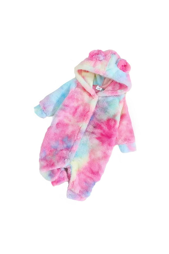 Long Sleeve Romper Fall Winter 2026 Baby Girls Cute Rainbow Color Hooded Door Opening Jumpsuit Pink,12M