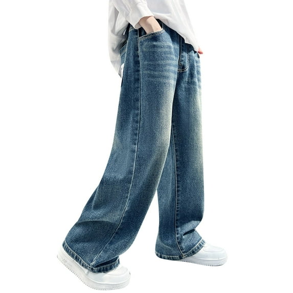 QUOTAY Pants for Boys Casual Loose Straight Wide Leg Jeans Denim Trousers for Children 4-15 Years 10_Dark Blue,130