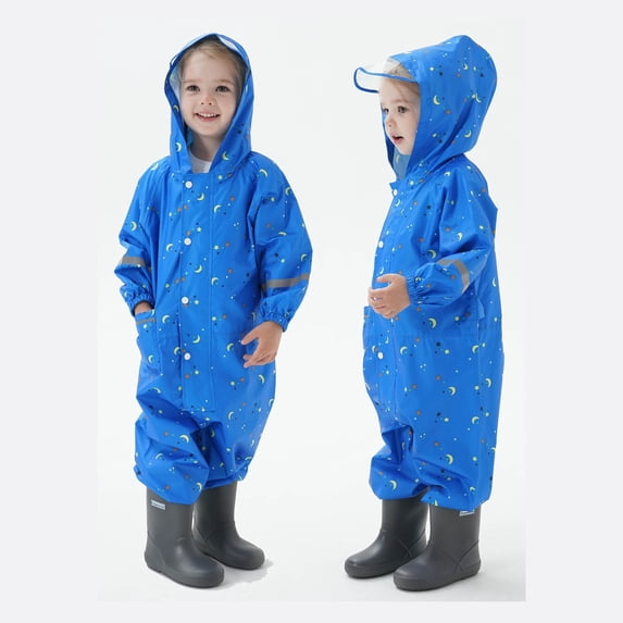 QUOTAY Rain Ponchos for Kids Boys Girls Toddler Reflective Cartoon Design Kids Rain Jacket Outdoor Play Blue,L