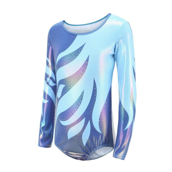 QUOTAY Romper Long Sleeve with Glitter Rhinestone and Print for Girls Dance Gymnastics Performance Stretchable Practice Jumpsuit Kids Bodysuit Long Sleeve 01_Blue,150