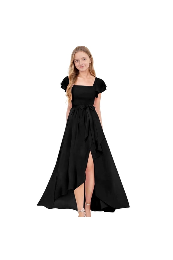 Solid Color Long Dress with Graceful Flowy Waist Defining Wide Hem with Ruffled Edges for Girls Age 7-13 Years Long Dress Black,160