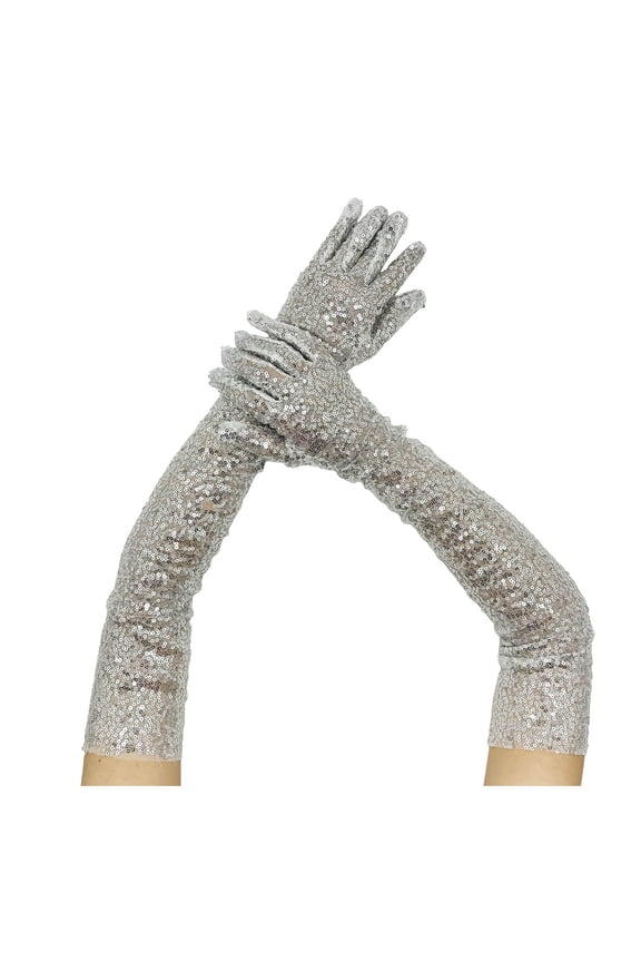 Sparkly Sequin Long Opera Party Gloves for Women 1920s Style Evening Dress Elegant Gloves for Women 02_White,One Size