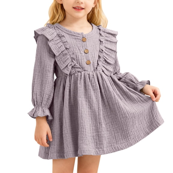 QUOTAY Spring and Autumn Girls Solid Color Pleated Ruffle Casual Party Dress for Comfortable Daily Outfit Toddler Children 2-10Y Dresses for Girls 03_Purple,130