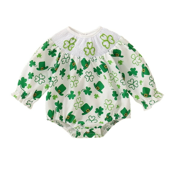 QUOTAY St Patricks Day Baby Girls Long Sleeve Hat Four Leaf Prints Pullover Baby Romper Bodysuits 02_Green,0-3 Months