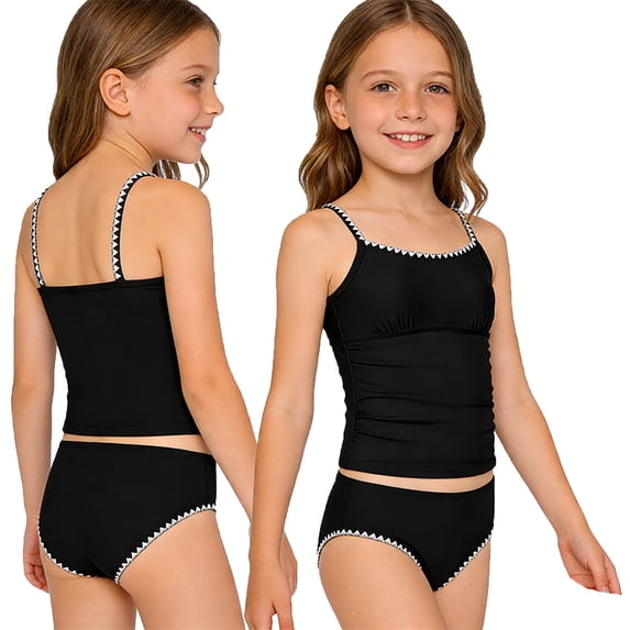 QUOTAY Swimsuit for Girls Solid Color Tankini Two Piece Set with Contrast Trim and Padded Top Bathing Suit for 8-14Y Swimwear Black,8Y