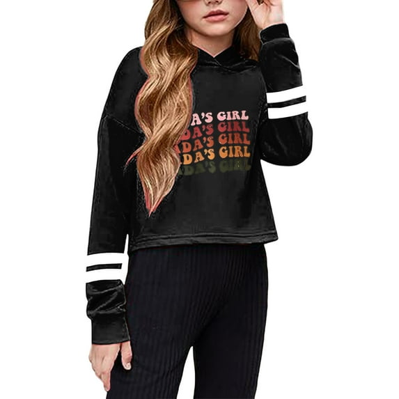 QUOTAY Girls Short Cropped Hoodie Loose Casual Pullover with Letter Print and Striped Long Sleeves Cute Sweatshirt Top for Everyday Wear Hoodies for Girls 02_Black,3-4 Years