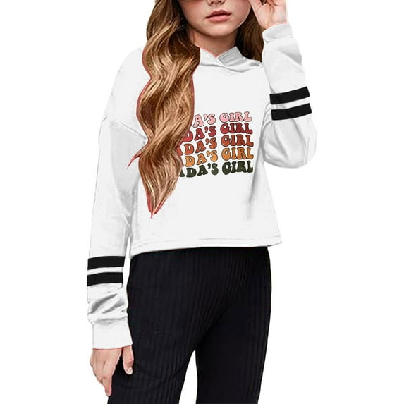 QUOTAY Girls Short Cropped Hoodie Loose Casual Pullover with Letter Print and Striped Long Sleeves Cute Sweatshirt Top for Everyday Wear Hoodies for Girls 02_White,4-5 Years