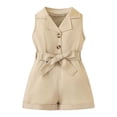 thumbnail image 1 of QUOTAY Toddler Baby Girls Jumpsuit Classic Lapel Belted Baby Romper Overall Shorts Bodysuit Khaki,0-3 Months, 1 of 6