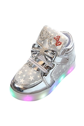 Unisex LED Light Shoes High Top Light Flashing Trainers USB Charging Shoes for Children Kids Slippers Age 1-6 Silver，12-18 Months