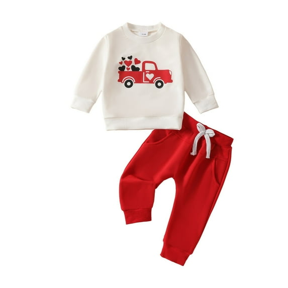 QUOTAY Valentine's Day Heart Truck Print Long Sleeve Hoodie and Trousers Two Piece Set Cute Fall Outfit for Kids Red,6-12 Months