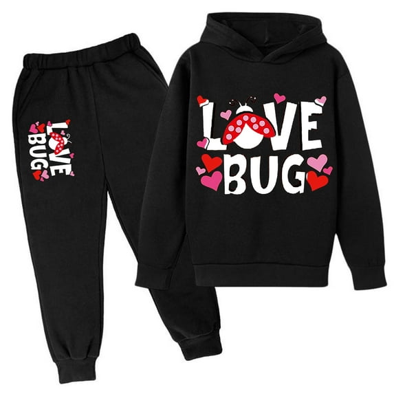 QUOTAY Valentine's Day Printed Hoodie and Pants Set Long Sleeve Winter Outfits for Children and Toddlers Black,3-4Years