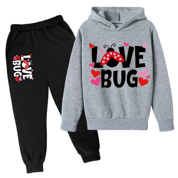 QUOTAY Valentine's Day Printed Hoodie and Pants Set Long Sleeve Winter Outfits for Children and Toddlers Light Gray,4-5Years