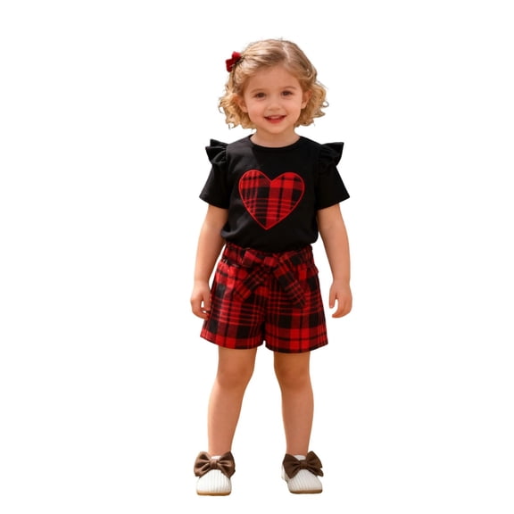 QUOTAY Valentines Day Girls Outfits Two Piece Set with Floral Heart Print Puff Sleeve Top Bow Belt and Plaid Shorts for Party 02_Red,7-8 Years