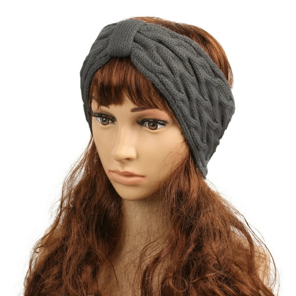 QUOTAY Warm Cable Crochet Headband with Bow Ear Warmer Turban for Women Winter 1Pack Dark Gray，One Size