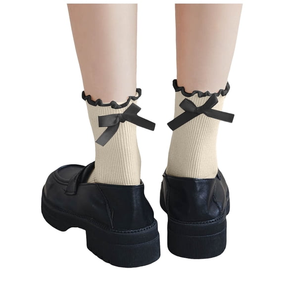QUOTAY Women Bow Socks Ruffled Casual Solid Color Soft Breathable Knee High Socks for Women Lace Detail Long Stockings Beige，One Size